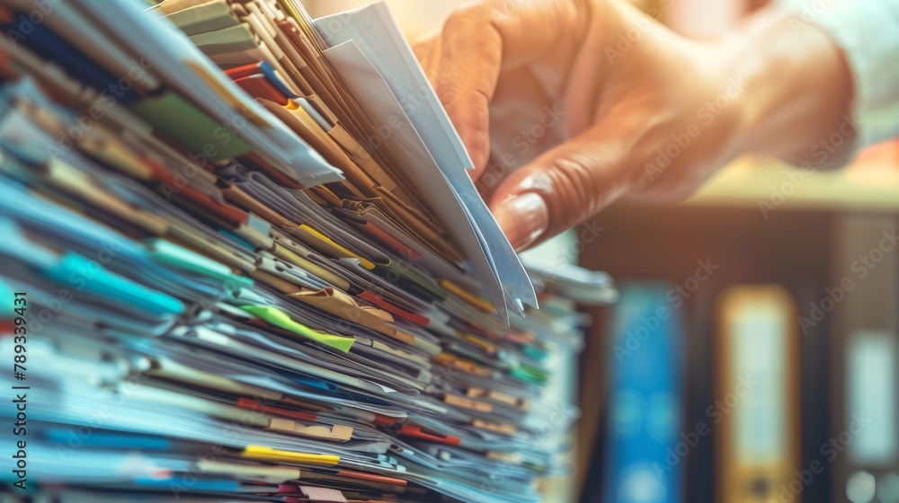 Poster a close-up of a hand reaching for a specific document from a meticulously organized stack, showcasin