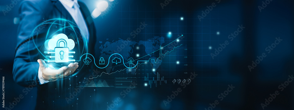 Poster businessman hand-holding cloud security icons with robust network connection. ensuring the seamless 
