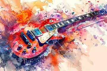 colorful electric guitar watercolor banner musical instrument art - obrazy, fototapety, plakaty