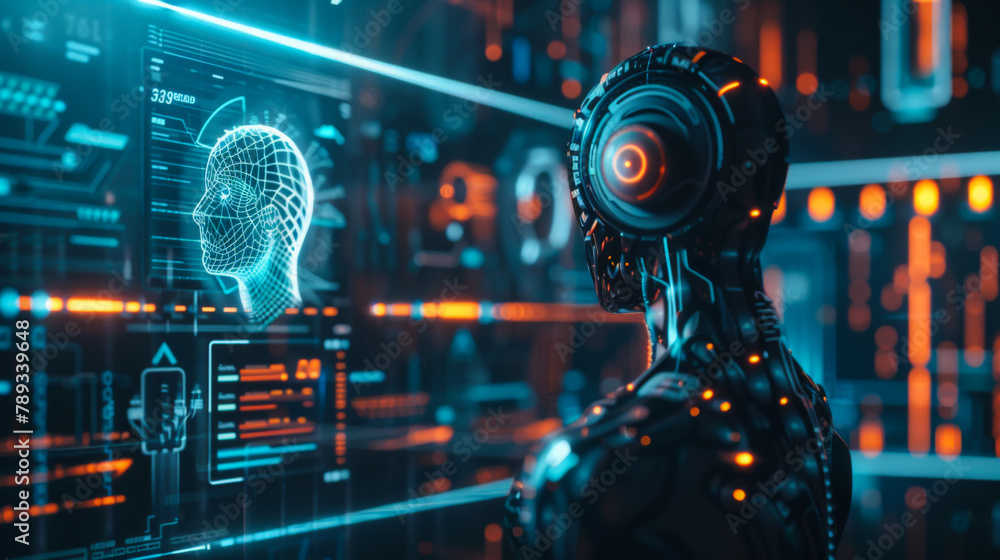 Poster modern robot with a virtual holographic display. technology concept.