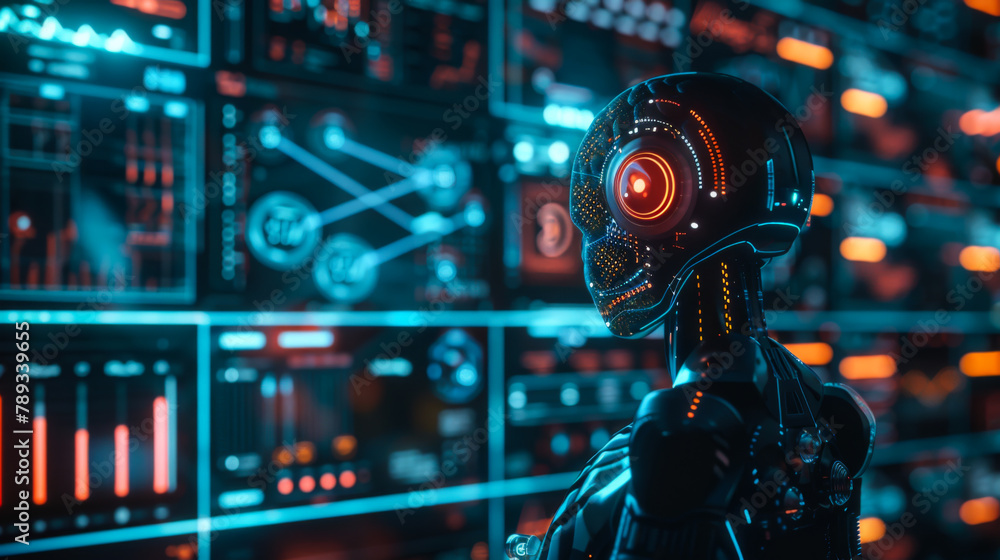 Poster modern robot with a virtual holographic display. technology concept.