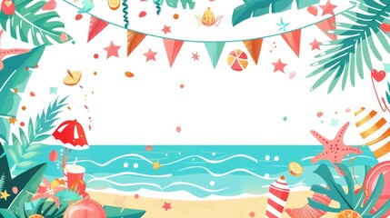 Fototapeta na wymiar Beach party banner clipart with festive decorations.