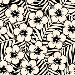 Silhouette hibiscus flower with palm leaf seamless pattern for summer holidays background.