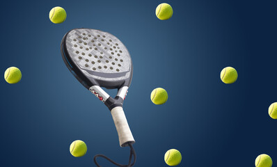 Detailed background of black and white padel racket and ball on black background. Top view.