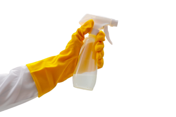 Woman's hand in yellow glove holding spray bottle cleaner isolated on a clipped PNG transparent background