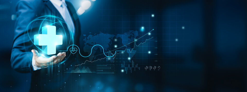 Businessman hand-holding health IT, medical records, telemedicine, and healthcare icons with a secure network connection. Facilitating the growth of the health information technology sector.