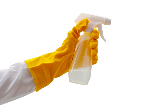 Woman's hand in yellow glove holding spray bottle cleaner isolated on a clipped PNG transparent background