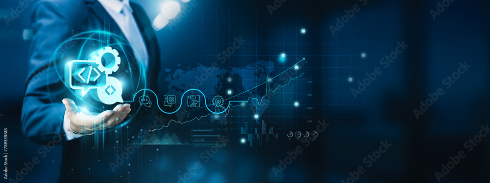 Aufkleber businessman hand-holding natural language processing (nlp) icons with a strong network connection. f