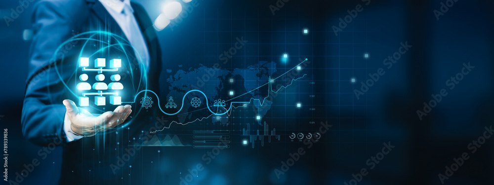 Poster businessman hand-holding network administration icons with seamless network connections. facilitatin