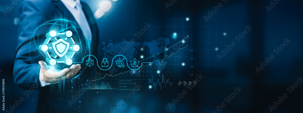 Poster businessman hand-holding network security icons with a secure network connection. safeguarding the g