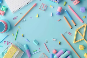 colorful math fractions and school supplies on light blue background for education concept 3d illustration - obrazy, fototapety, plakaty