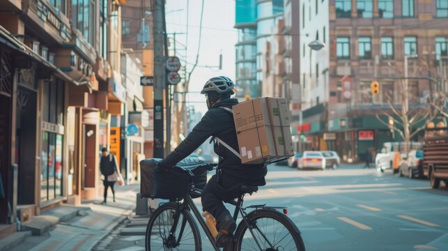 A courier on a bicycle navigating through city streets, efficiently delivering packages to urban residents and businesses.