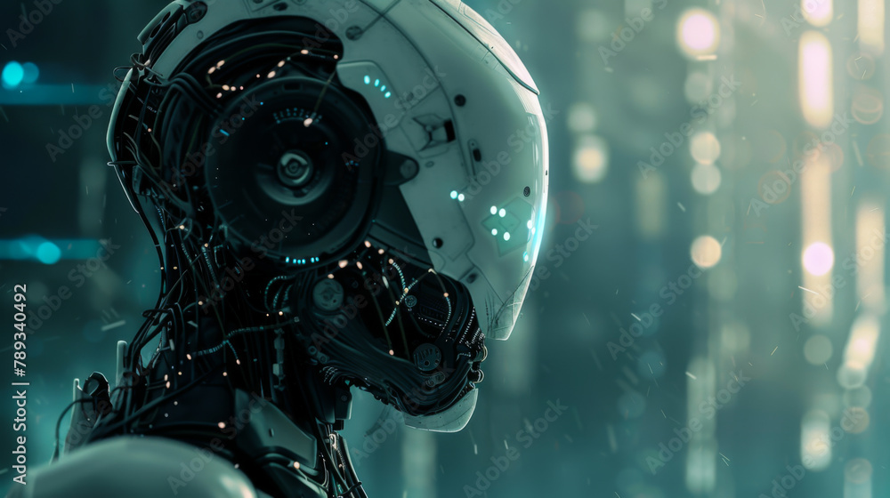 Poster modern robotic man checking data security, working with hologram display. concept of the future, tec