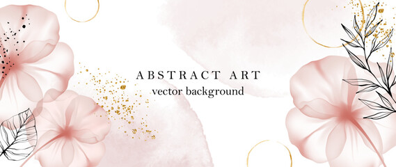 Abstract art floral background. Vector pink flower dye alcohol ink. Luxury wallpaper with gold splashes and elements. Minimal style with organic watercolor shapes. Leaves hand drawn brush line art.