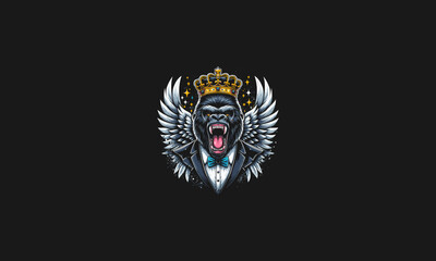 gorilla wearing crown and suite with wings roar vector design