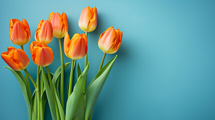Naklejka premium orange tulips on a blue background, natural lighting сreated with Generative Ai