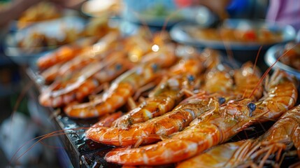 A seafood market stall showcasing plump shrimp soaking in fish sauce marinade, inviting customers to indulge in the irresistible taste of Thai street food. - obrazy, fototapety, plakaty