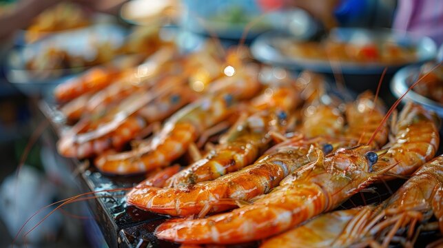 A seafood market stall showcasing plump shrimp soaking in fish sauce marinade, inviting customers to indulge in the irresistible taste of Thai street food.