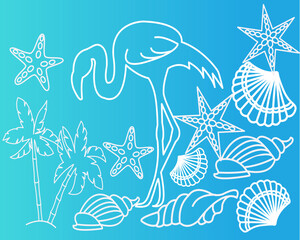 marine background with the image of flamingos starfish and seashells in a linear style vector
