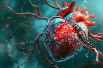 Human heart with artery blocked by cholesterol. 3D illustration. generative ai - obrazy, fototapety, plakaty
