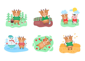 Happy Chinese 2021 year calendar template design with cute cow. 2021 calendar design with bull with hobbies in different seasons of the year. Set of 12 months. Year of the bull. Vector illustration.