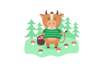 Happy Chinese 2021 year calendar template design with cute cow. 2021 calendar design with bull with hobbies in different seasons of the year. Set of 12 months. Year of the bull. Vector illustration.