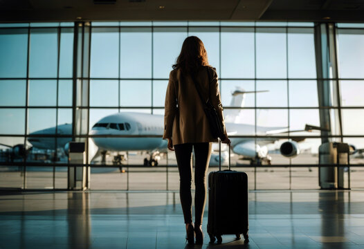 woman departure business travel young terminal aerodrome suitcase tour goes window vacation girl trip woman waiting suitcase traveler arrival maker tourism plane bag baggage holiday airpor