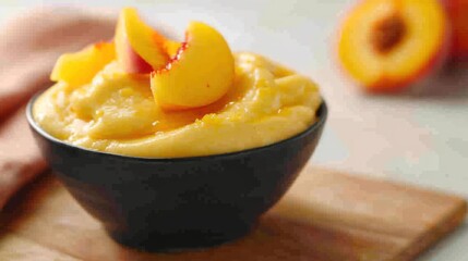 silky vanilla custard pudding topped with slices of juicy peaches - obrazy, fototapety, plakaty