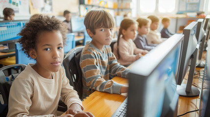 Elementary School Computer Science Classroom: Diverse Group of Little Smart Schoolchildren using Personal Computers, Learn Informatics, Internet Safety, Programming Language for Software Coding.