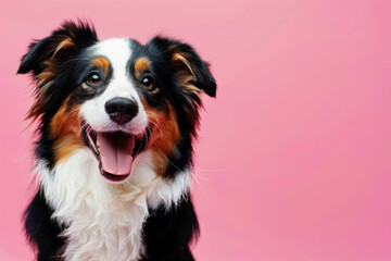 portrait of happy dog with open mouth and smiling on pink background
