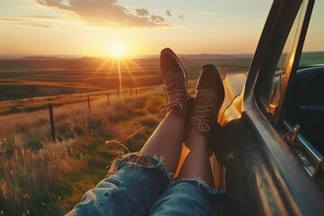 cowgirls legs in boots hanging out vintage car window sunset road trip lifestyle photo - obrazy, fototapety, plakaty