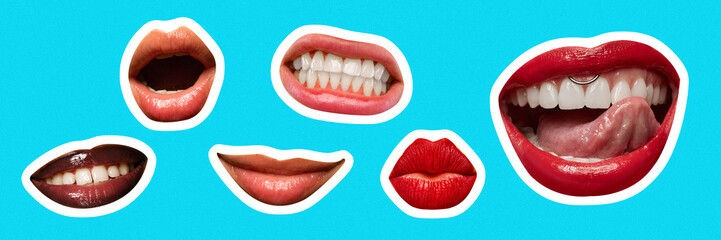 Contemporary art collage. Set of variety of female lips, mouths smiling, frowning, sticking out...