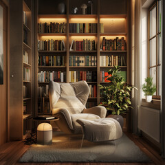 office reading nook, comfortable armchair, bookshelf, warm light, peaceful