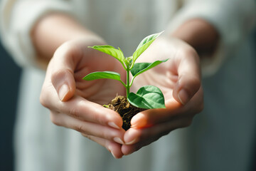 Young woman holding green plant in hands, closeup. Ecology concept