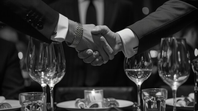 Elegant monochrome image showing two people shaking hands over dinner table with wine glasses, capturing moment of agreement or celebration at elite gathering.