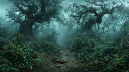 Mystical foggy forest with gnarled trees and lush green undergrowth evokes fantasy realm atmospheres, perfect for tales of adventure and exploration. - obrazy, fototapety, plakaty