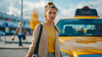 Charming young woman waiting near vibrant yellow taxi on bustling city street, urban lifestyle...