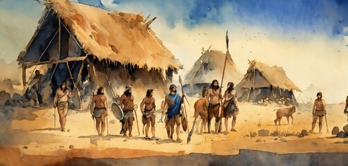 beautiful watercolor style blue, stone age hunting group of humans - obrazy, fototapety, plakaty