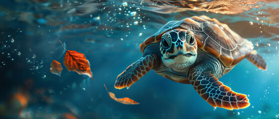 An engaging sea turtle glides through the water with autumn leaves floating around, creating a serene underwater tableau
