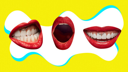 Contemporary art collage. Three mouths with red lipstick. Each mouth with different expression. Concept of pop art, beauty, smiles, joy, laughter, positive emotion. Trendy magazine style.