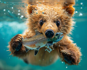 An underwater view of a young bear cub skillfully catching a trout, with water bubbles highlighting the action
