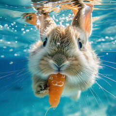 A surprising underwater snapshot of a rabbit nibbling on a carrot, with tiny bubbles surrounding its furry face.