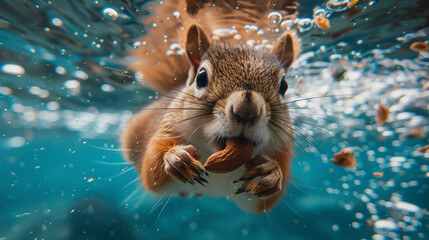 A whimsical underwater portrait of a squirrel, adorably clutching a nut as it swims surrounded by bubbles.