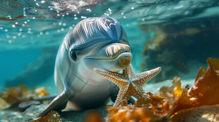 An underwater scene capturing a friendly dolphin gently holding a starfish, surrounded by the serene blue of the ocean.