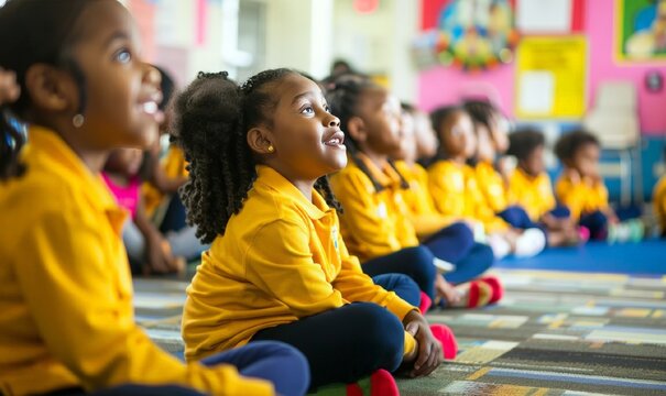 Elementary school students sit and listen to a story from their teacher.  Concept of school activities. Back to school. Primary education of children.