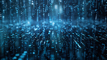 Digital rain in blue tones with light trails on a dark reflective surface representing a cyber environment