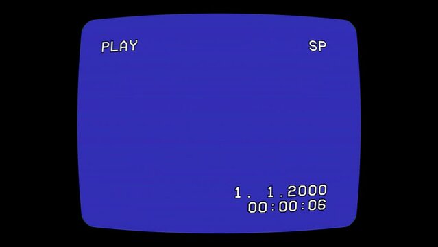 VHS interface on TV screen with chroma key. Old CRT screen with date and time code for one minute. Blue TV screen with VHS grainy effect. 4K resolution