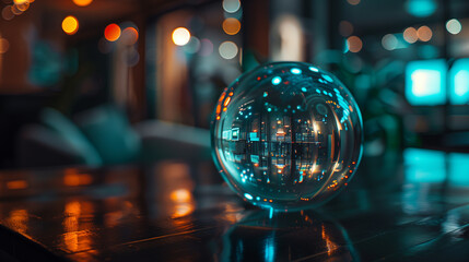 A glass ball is sitting on a table with a reflection of the room in it. The room is dimly lit, giving it a mysterious and intimate atmosphere