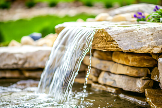 Closeup of a small stream of water cascading down a single, smooth rock, showcasing the gentle and peaceful nature of the scene.