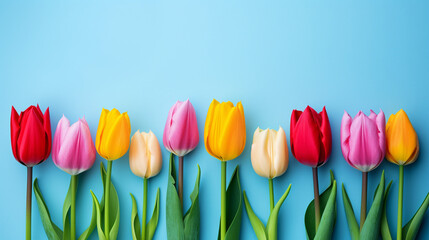 colorful tulip flowers on a blue background сreated with Generative Ai
